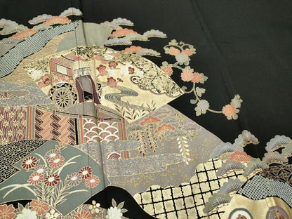 平和屋着物■豪華黒留袖 駒刺繍 地紙御所車花文 金彩 正絹 逸品 CABC7788ou
