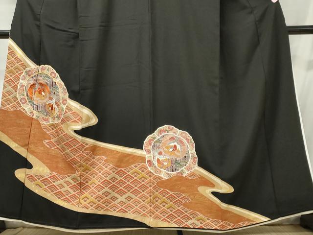 平和屋着物■豪華黒留袖　駒刺繍　鏡裏鳳凰花文　金彩　正絹　逸品　CABC7838ou