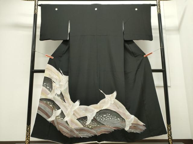 平和屋着物■豪華黒留袖　刺繍　立波飛鶴文　暈し染め　金銀彩　正絹　逸品　CABC7944ou