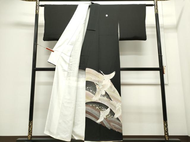 平和屋着物■豪華黒留袖　刺繍　立波飛鶴文　暈し染め　金銀彩　正絹　逸品　CABC7944ou