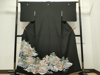 平和屋着物■豪華黒留袖　駒刺繍　風景文　暈し染め　金彩　正絹　逸品　CABC7945ou