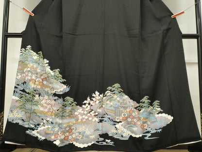 平和屋着物■豪華黒留袖　駒刺繍　風景文　暈し染め　金彩　正絹　逸品　CABC7945ou