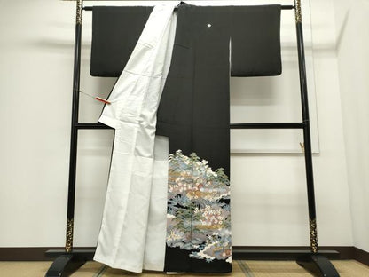 平和屋着物■豪華黒留袖　駒刺繍　風景文　暈し染め　金彩　正絹　逸品　CABC7945ou