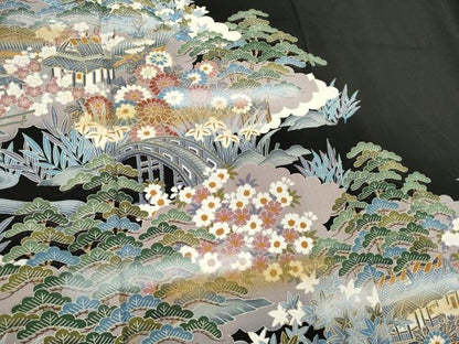 平和屋着物■豪華黒留袖　駒刺繍　風景文　暈し染め　金彩　正絹　逸品　CABC7945ou