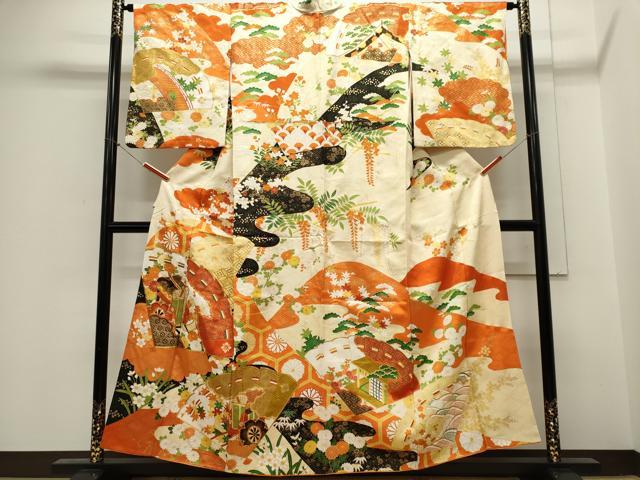 平和屋着物■訪問着　駒刺繍　檜扇御所車花文　金彩　正絹　逸品　CABC7986ou