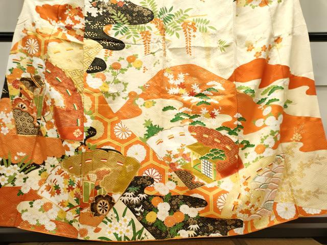 平和屋着物■訪問着　駒刺繍　檜扇御所車花文　金彩　正絹　逸品　CABC7986ou