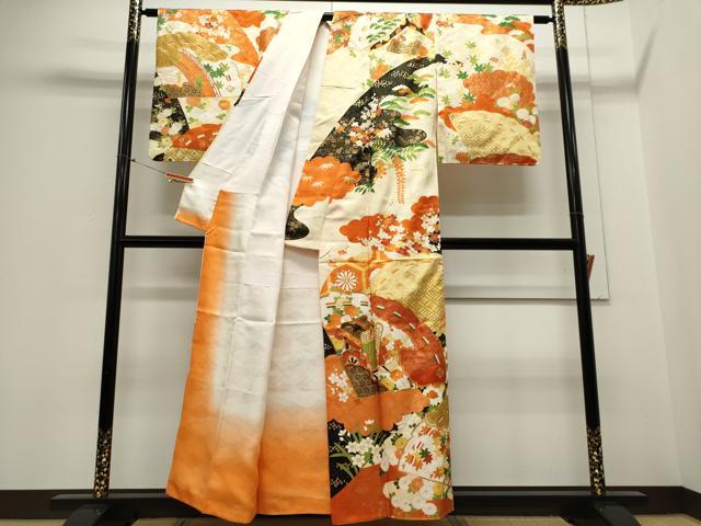 平和屋着物■訪問着　駒刺繍　檜扇御所車花文　金彩　正絹　逸品　CABC7986ou