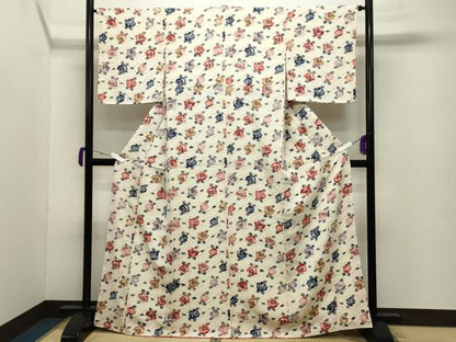 平和屋着物●上質な小紋 型染め 薔薇 鬼しぼ縮緬 正絹 逸品 未使用 CABC8007gh