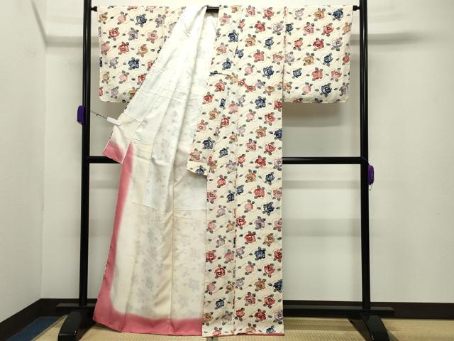 平和屋着物●上質な小紋 型染め 薔薇 鬼しぼ縮緬 正絹 逸品 未使用 CABC8007gh