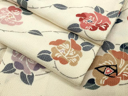 平和屋着物●上質な小紋 型染め 薔薇 鬼しぼ縮緬 正絹 逸品 未使用 CABC8007gh