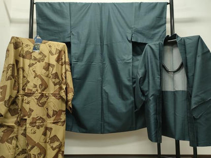 平和屋着物●男性 お召 アンサンブル・長襦袢セット 100亀甲 総詰め 正絹 逸品 未使用 CABC8011gh