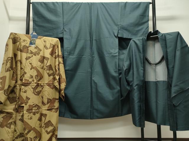 平和屋着物●男性 お召 アンサンブル・長襦袢セット 100亀甲 総詰め 正絹 逸品 未使用 CABC8011gh