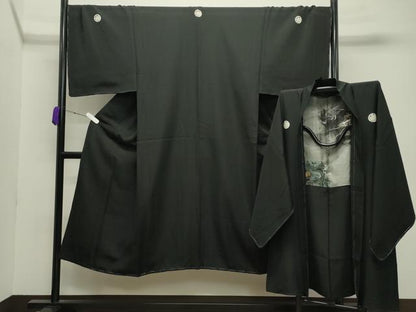 平和屋着物●男性 黒紋付 羽織セット 羽織：虎・龍 正絹 逸品 未使用 CABC8013gh