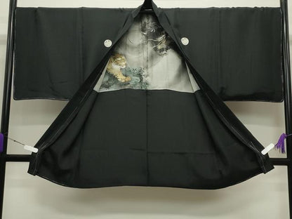 平和屋着物●男性 黒紋付 羽織セット 羽織：虎・龍 正絹 逸品 未使用 CABC8013gh