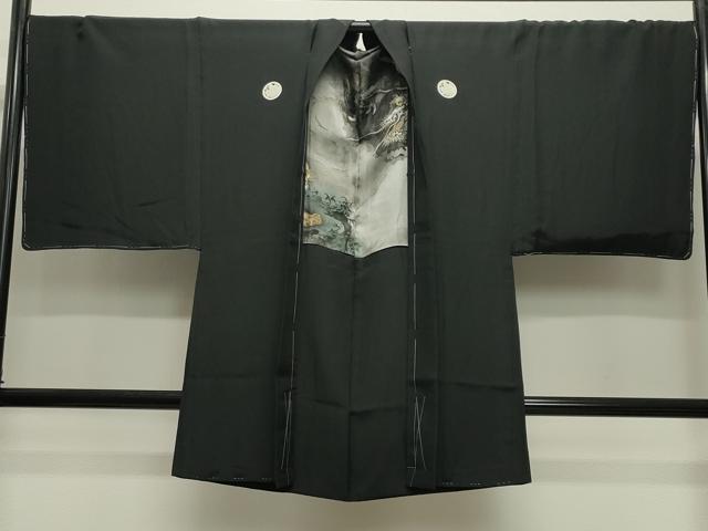 平和屋着物●男性 黒紋付 羽織セット 羽織：虎・龍 正絹 逸品 未使用 CABC8013gh
