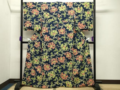 平和屋着物●上質な小紋 更紗花唐草文 鬼しぼ縮緬 反端付き 正絹 逸品 未使用 CABC8027gh