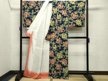 平和屋着物●上質な小紋 更紗花唐草文 鬼しぼ縮緬 反端付き 正絹 逸品 未使用 CABC8027gh