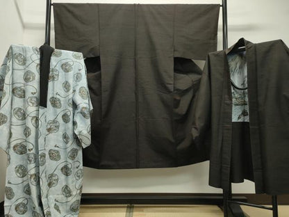 平和屋着物●男性 紬 アンサンブル・長襦袢セット 霞文 憲法黒茶色 正絹 逸品 CABC8031gh