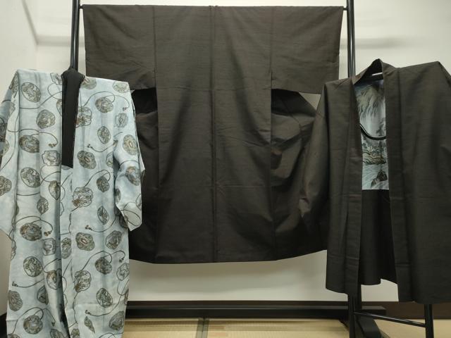 平和屋着物●男性 紬 アンサンブル・長襦袢セット 霞文 憲法黒茶色 正絹 逸品 CABC8031gh