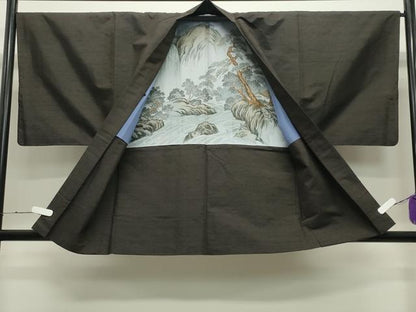 平和屋着物●男性 紬 アンサンブル・長襦袢セット 霞文 憲法黒茶色 正絹 逸品 CABC8031gh