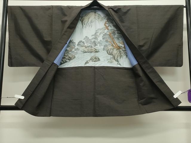 平和屋着物●男性 紬 アンサンブル・長襦袢セット 霞文 憲法黒茶色 正絹 逸品 CABC8031gh