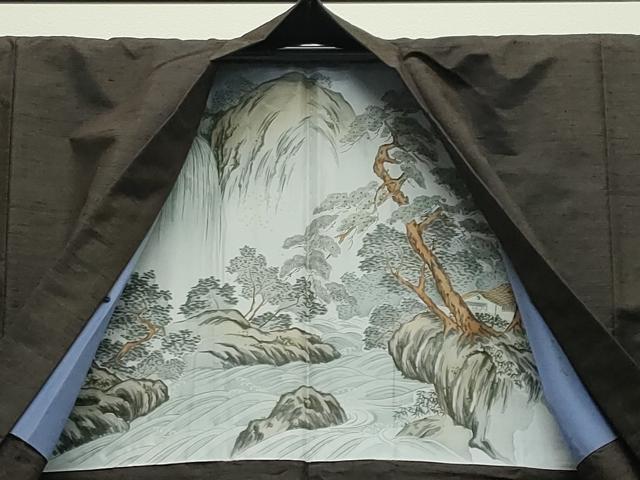 平和屋着物●男性 紬 アンサンブル・長襦袢セット 霞文 憲法黒茶色 正絹 逸品 CABC8031gh