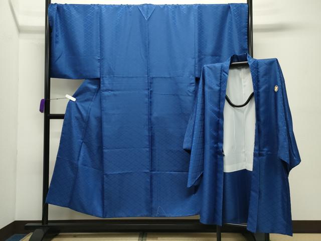 平和屋着物●男性 色紋付 羽織セット 花菱地紋 紺瑠璃色 キングサイズ 洗える着物 未使用 CABC8034gh