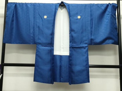 平和屋着物●男性 色紋付 羽織セット 花菱地紋 紺瑠璃色 キングサイズ 洗える着物 未使用 CABC8034gh