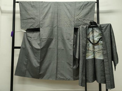 平和屋着物●男性 紬 髭紬羽織セット 色無地 灰色 正絹 逸品 未使用 CABC8042gh
