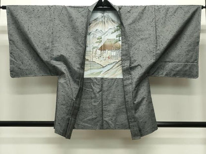 平和屋着物●男性 紬 髭紬羽織セット 色無地 灰色 正絹 逸品 未使用 CABC8042gh