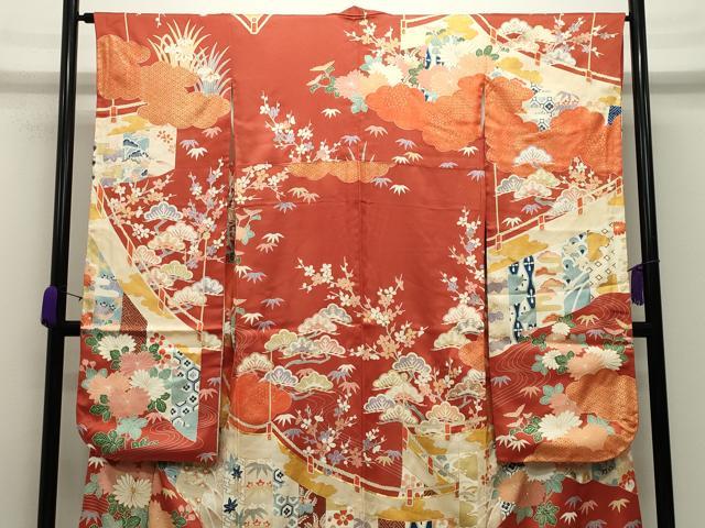 平和屋着物●豪華振袖 駒刺繍 雲重ね松竹梅文 金彩 正絹 逸品 CABC8058gh