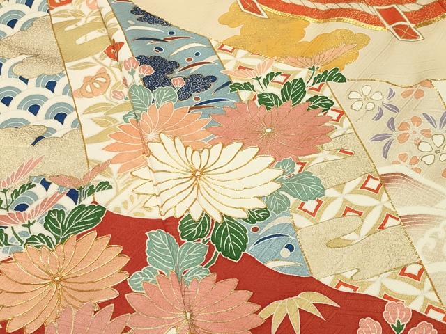 平和屋着物●豪華振袖 駒刺繍 雲重ね松竹梅文 金彩 正絹 逸品 CABC8058gh