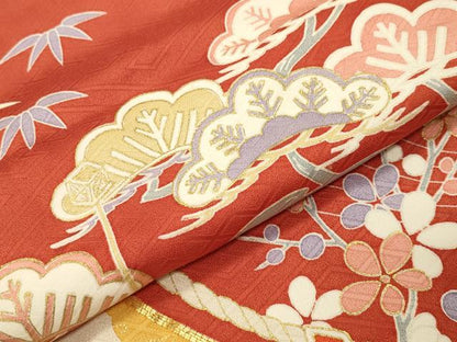 平和屋着物●豪華振袖 駒刺繍 雲重ね松竹梅文 金彩 正絹 逸品 CABC8058gh