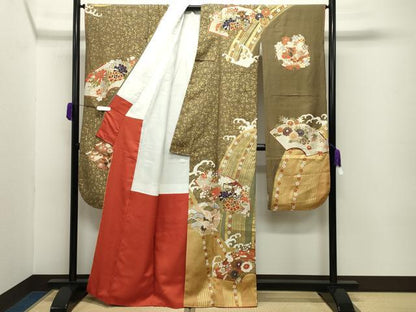 平和屋着物●豪華振袖 地紙御所車飛鶴花蝶文 金彩 正絹 逸品 CABC8059gh