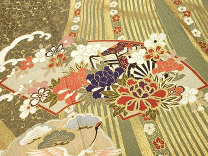 平和屋着物●豪華振袖 地紙御所車飛鶴花蝶文 金彩 正絹 逸品 CABC8059gh