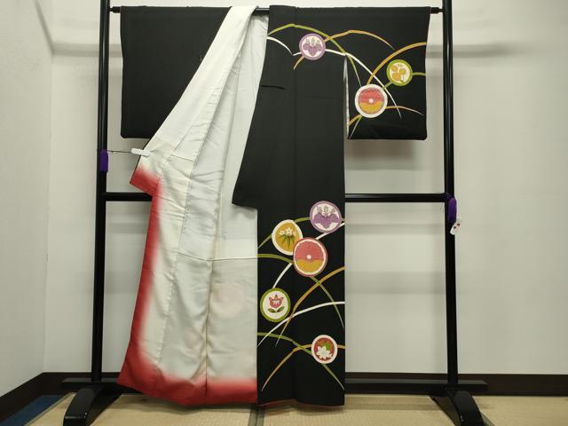 平和屋着物●訪問着 花丸文 黒地 金彩 鬼しぼ縮緬 正絹 逸品 CABC8067gh