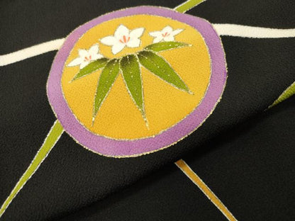平和屋着物●訪問着 花丸文 黒地 金彩 鬼しぼ縮緬 正絹 逸品 CABC8067gh