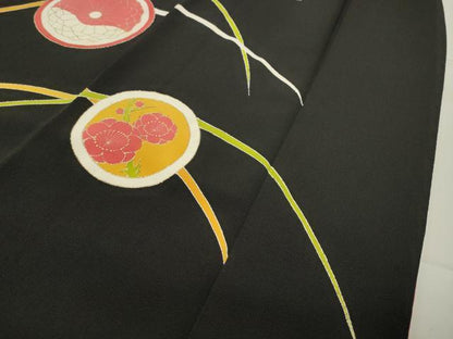 平和屋着物●訪問着 花丸文 黒地 金彩 鬼しぼ縮緬 正絹 逸品 CABC8067gh