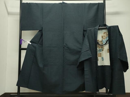 平和屋着物●男性 髭紬 アンサンブル 色無地 漆黒色 正絹 逸品 CABC8091gh