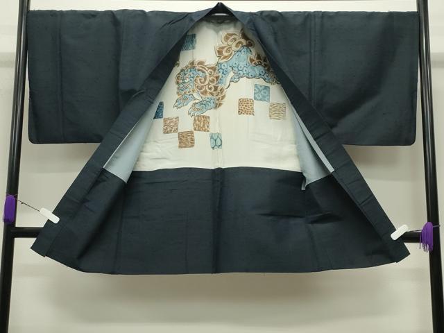 平和屋着物●男性 髭紬 アンサンブル 色無地 漆黒色 正絹 逸品 CABC8091gh