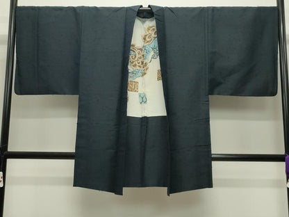 平和屋着物●男性 髭紬 アンサンブル 色無地 漆黒色 正絹 逸品 CABC8091gh