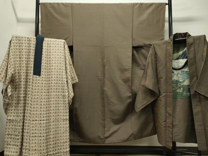 平和屋着物●男性 紬 アンサンブル・長襦袢セット 120亀甲 総詰め 正絹 逸品 CABC8095gh