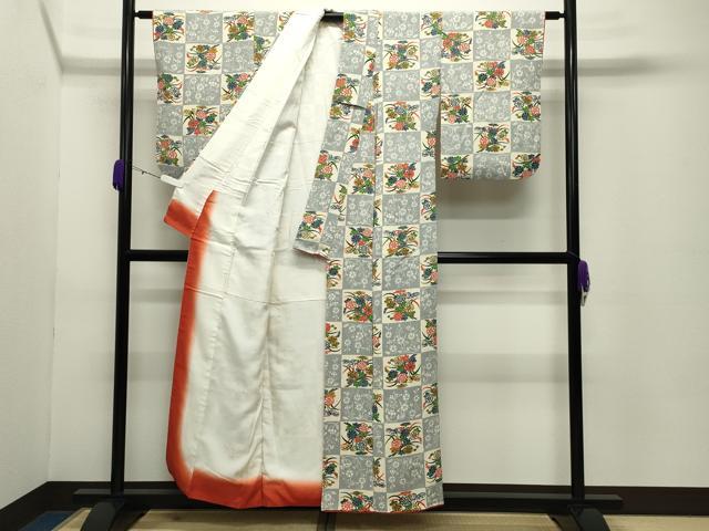 平和屋着物●上質な小紋 型染め 市松草花文 鬼しぼ縮緬 正絹 逸品 CABC8106gh
