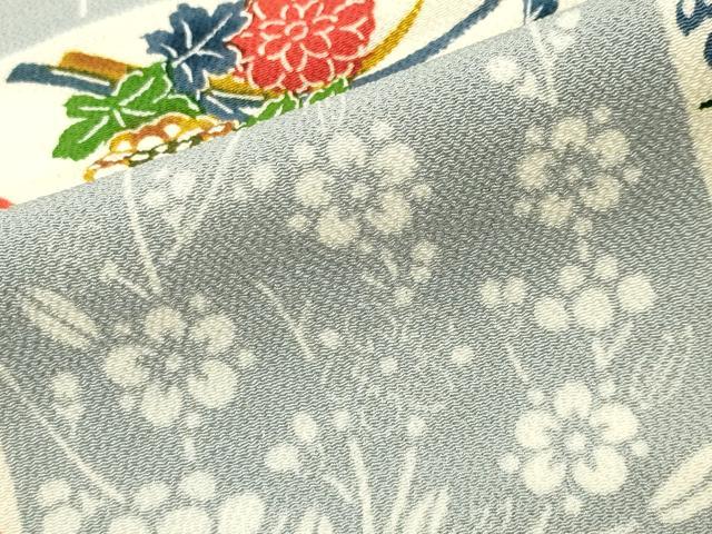 平和屋着物●上質な小紋 型染め 市松草花文 鬼しぼ縮緬 正絹 逸品 CABC8106gh