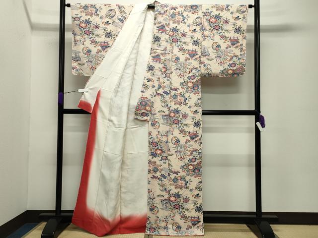 平和屋着物●上質な小紋 型染め 花蝶文 鬼しぼ縮緬 正絹 逸品 未使用 CABC8110gh