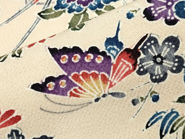 平和屋着物●上質な小紋 型染め 花蝶文 鬼しぼ縮緬 正絹 逸品 未使用 CABC8110gh
