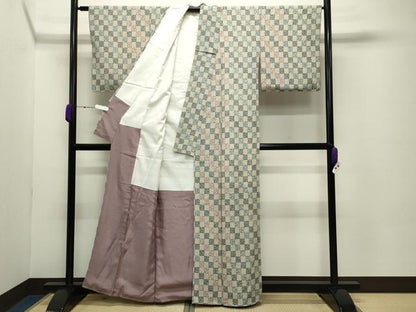 平和屋着物●上質な小紋 市松花蝶文 正絹 逸品 CABC8115gh