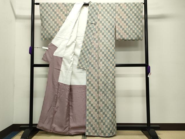 平和屋着物●上質な小紋 市松花蝶文 正絹 逸品 CABC8115gh