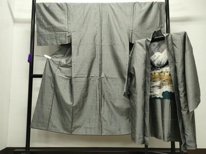 平和屋着物●男性 紬 アンサンブル 霞文 素鼠色 正絹 逸品 未使用 CABC8120gh