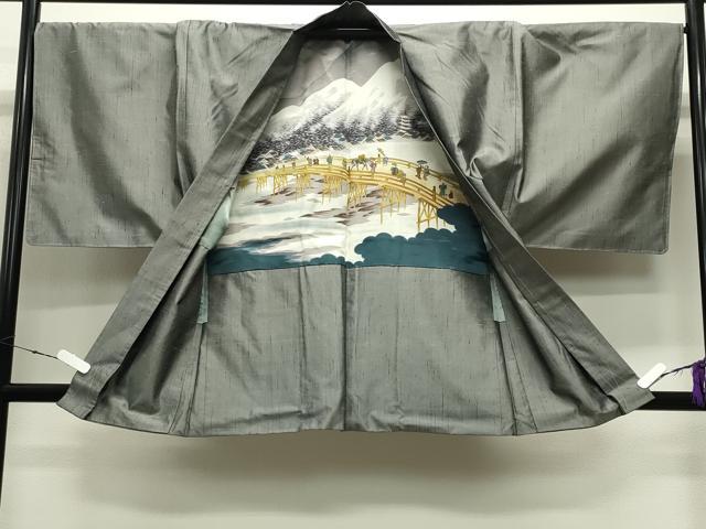 平和屋着物●男性 紬 アンサンブル 霞文 素鼠色 正絹 逸品 未使用 CABC8120gh